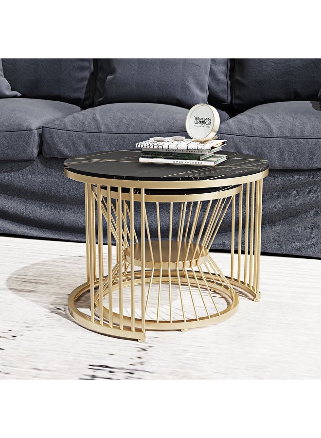 Mobellya Set of 2 High-End Nesting Coffee Tables – Marble alternative top  – Gold Steel Frame - Image 3